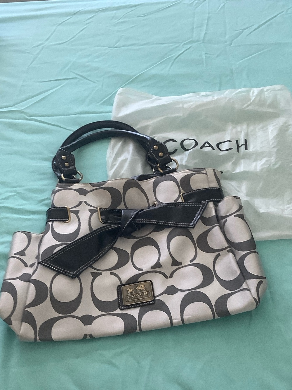 Coach Signature Canvas Tote with Chocolate Trim and Bow